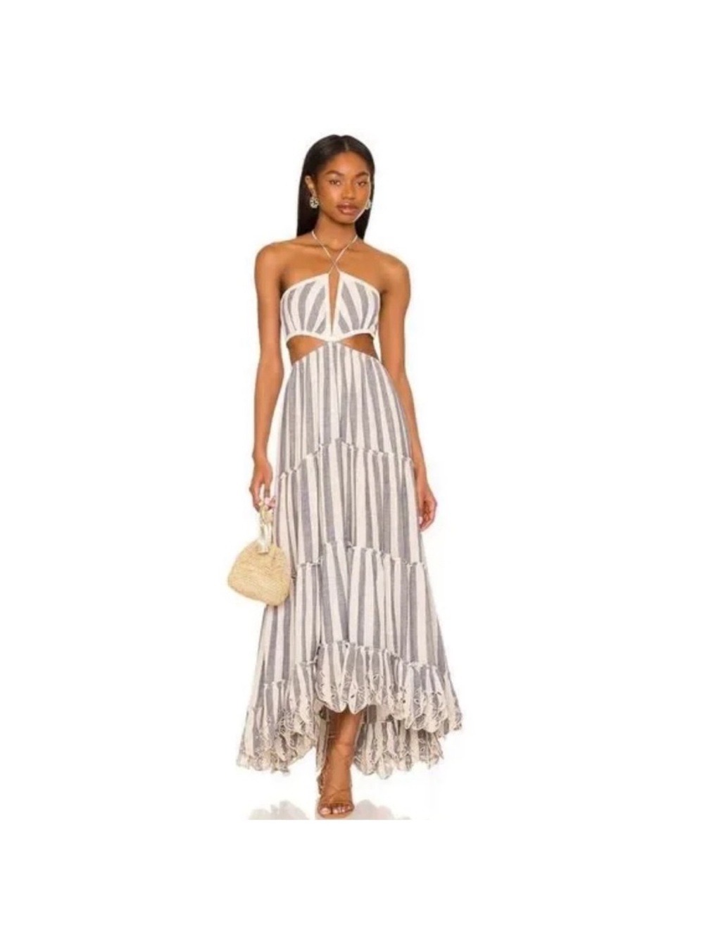 Rococo Sand Kylie Striped Cutout Maxi Dress - White & Gray Size Small